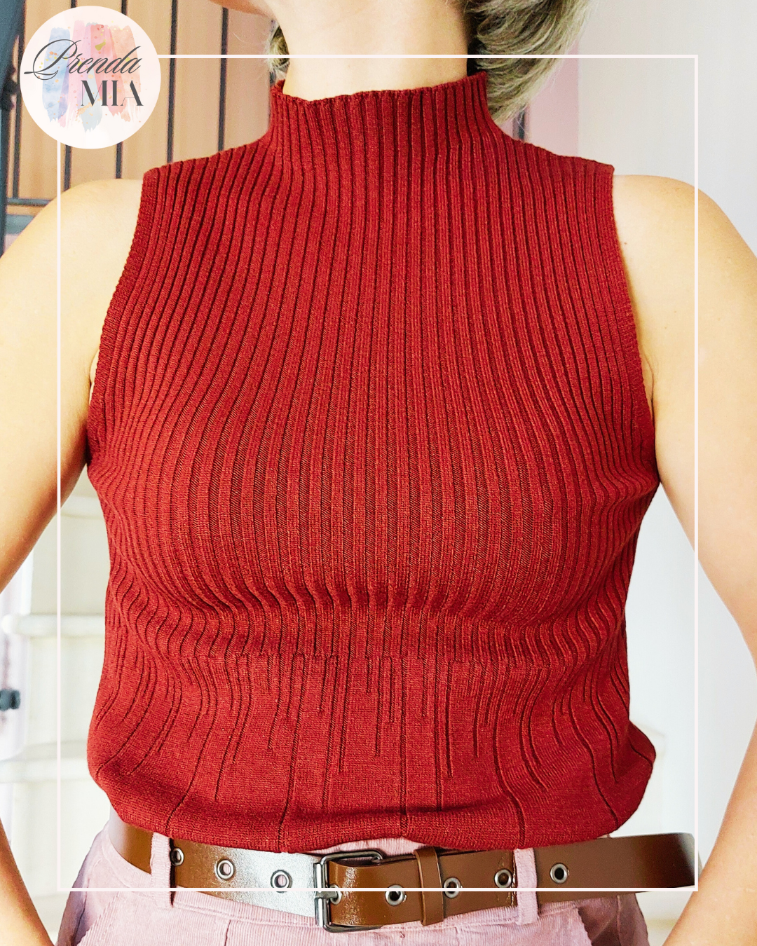 Top en maille col cheminé bordeaux