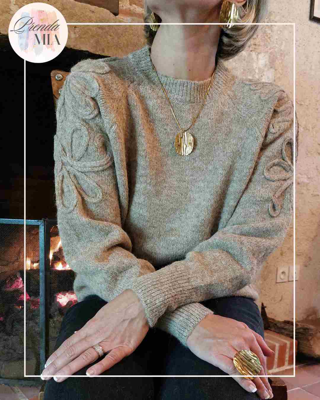 Pull en maille manches ornées - Beige