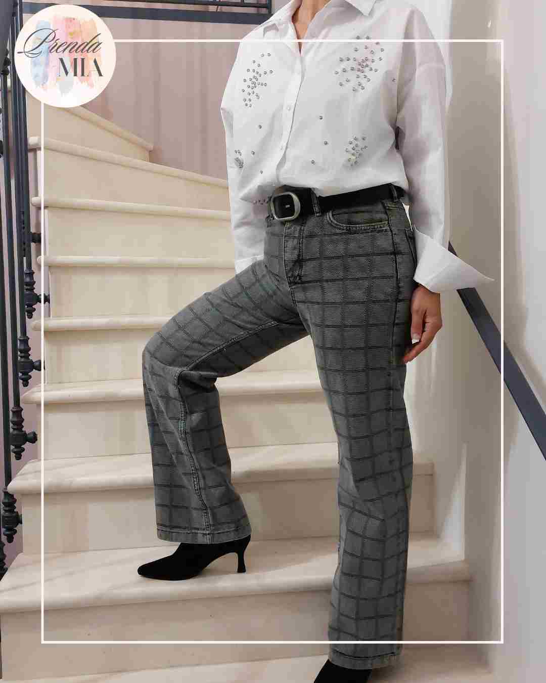 Jean Gris Mom – bleu gris carreaux