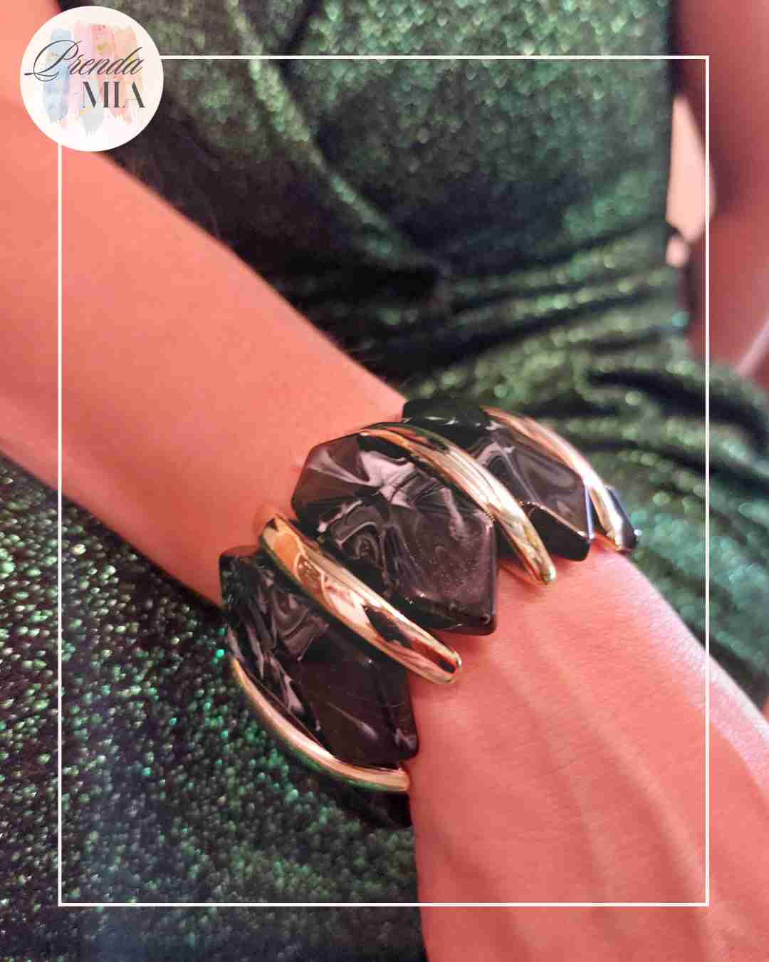 Bracelet Manchette Élastique en Résine Marbrée Noir