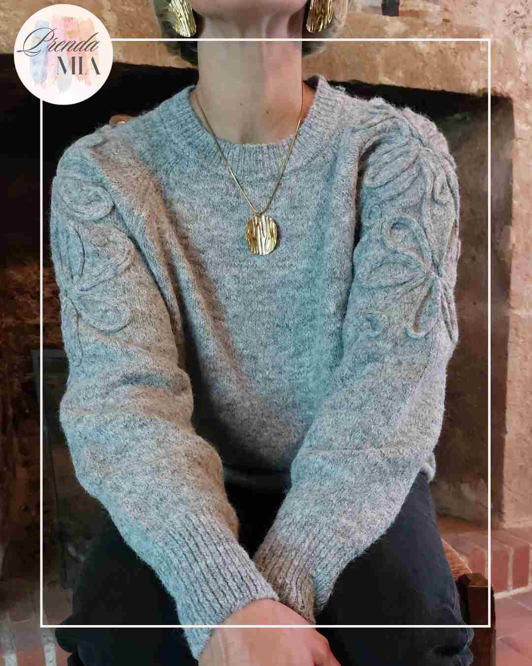 Pull en maille manches ornées - Gris clair