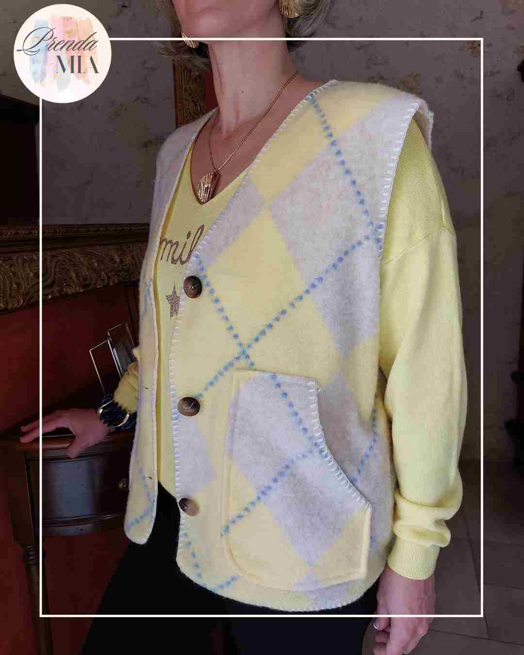 Gilet Jacquard Losanges  - Jaune & Beige