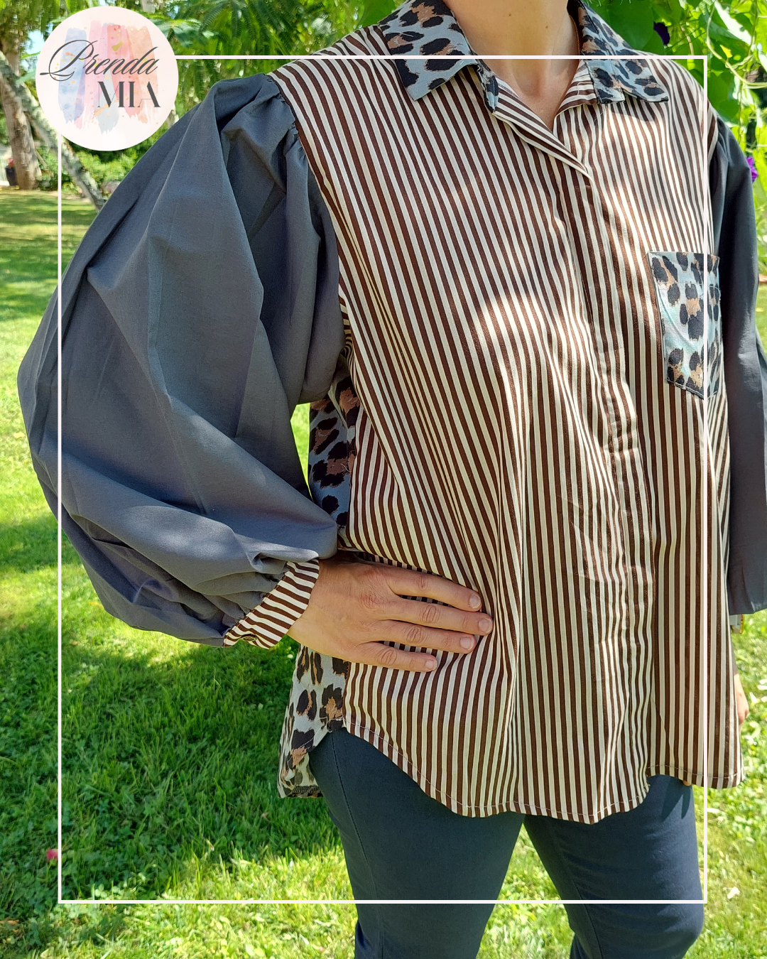 Chemise asymétrique imprimée grise et léopard