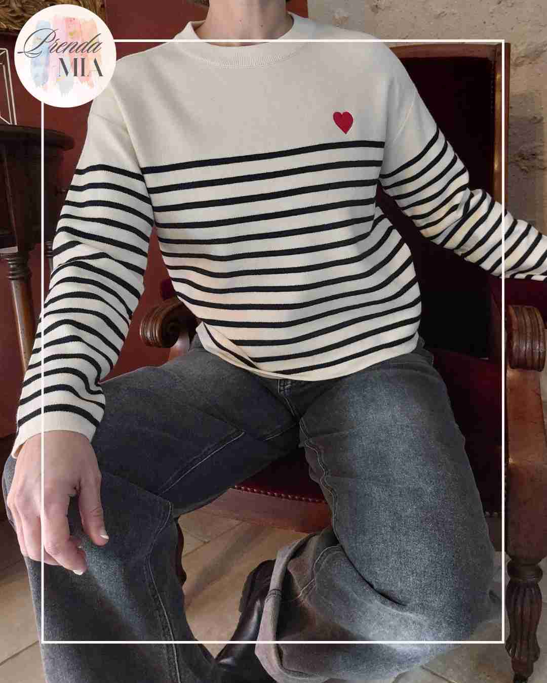 Pull Marinière Cœur - Blanc