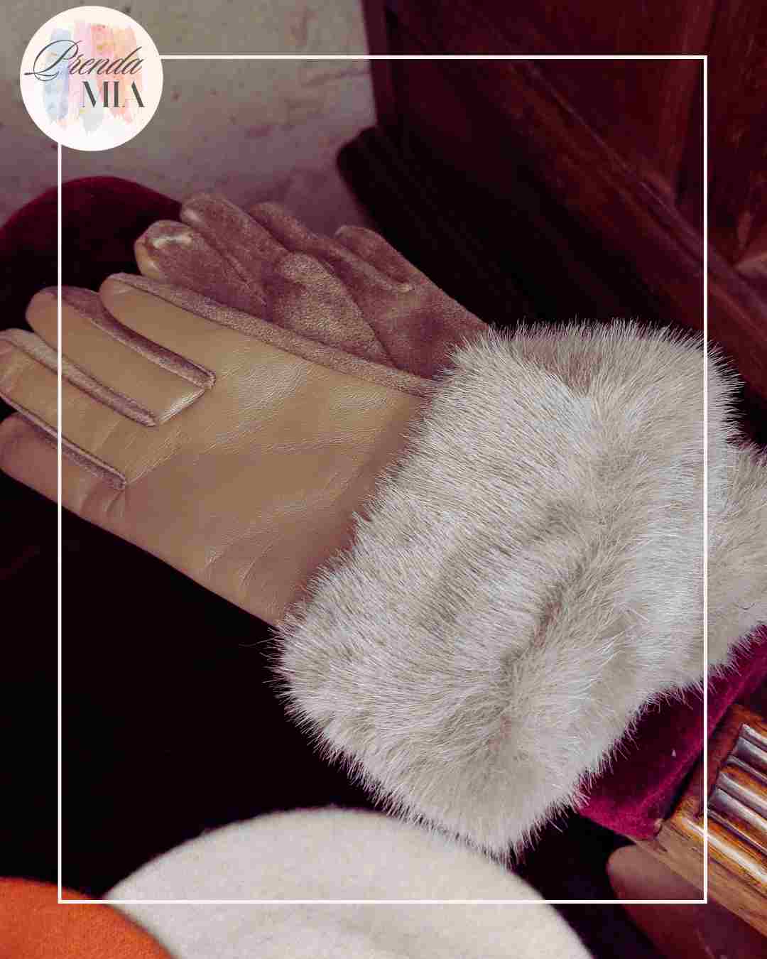 Gants simili cuir et fourrures taupe