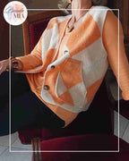 Gilet Jacquard Losanges - Orange & Beige