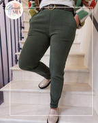 Khaki velvet-effect trousers