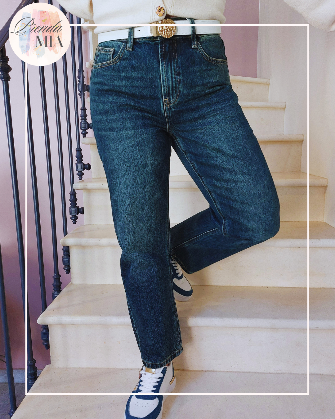 Jean momfit  boy bleu