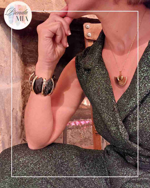 Bracelet Manchette Élastique en Résine Marbrée Noir