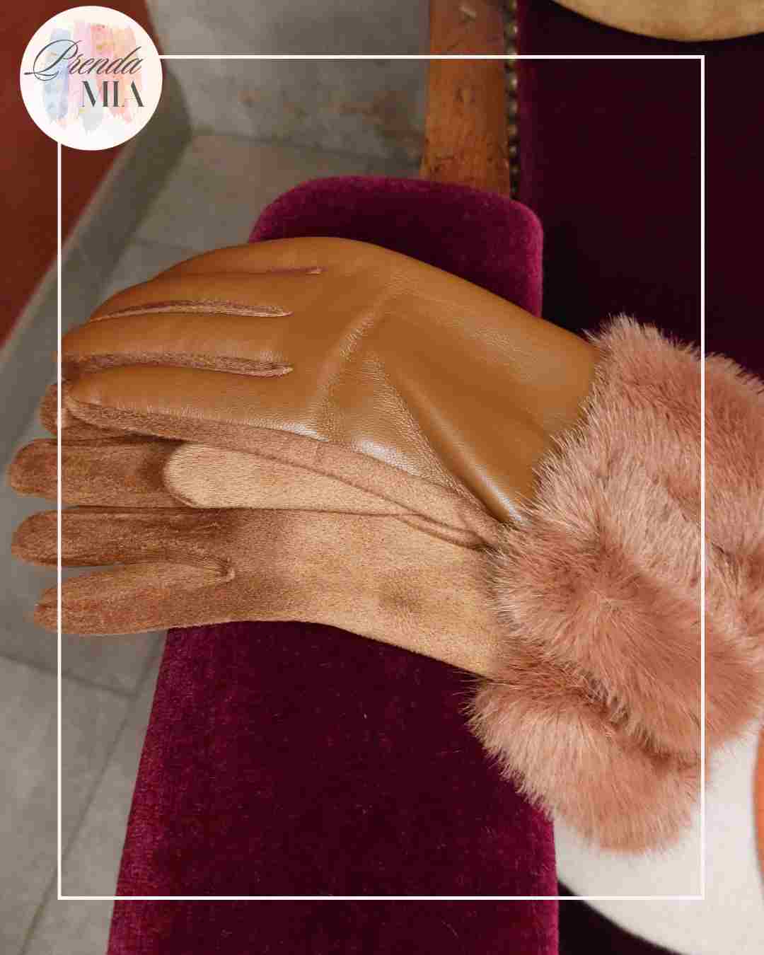 Gants simili cuir et fourrures camel