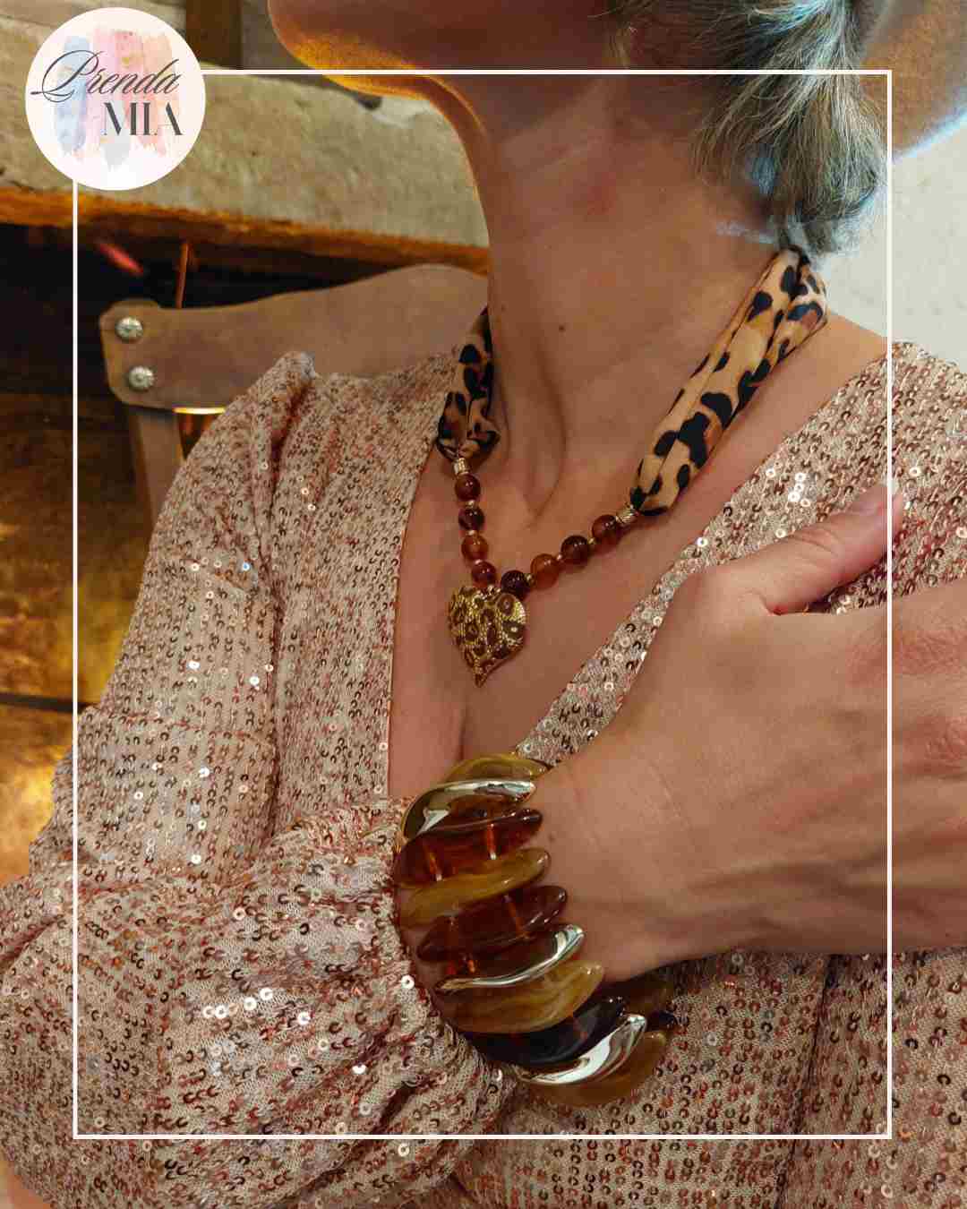 Bracelet Manchette Élastique en Résine Marbrée marron