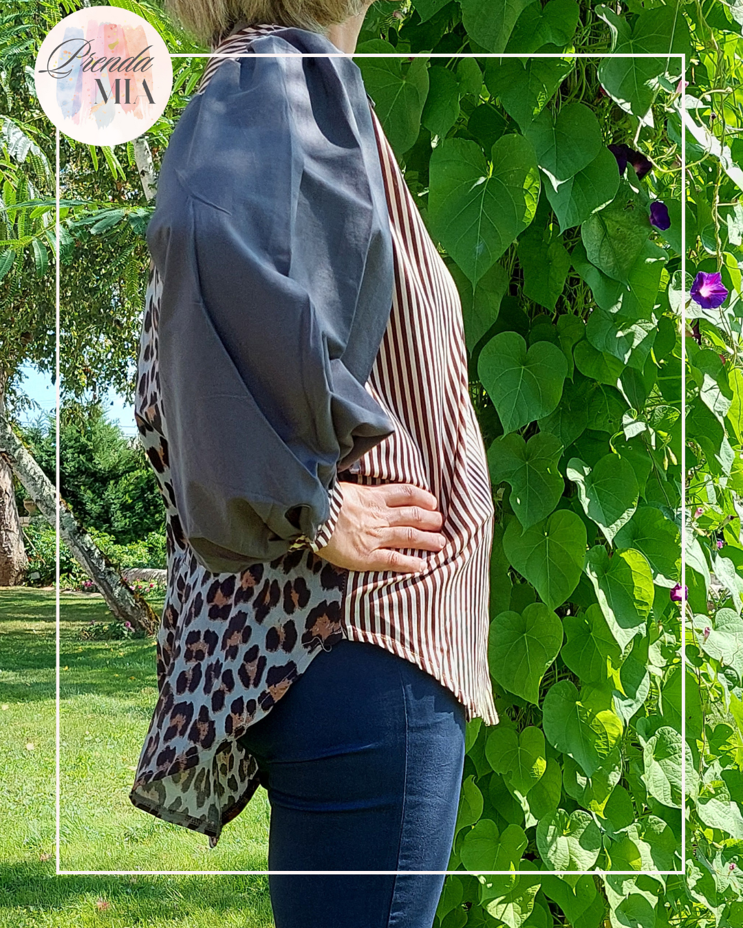 Chemise asymétrique imprimée grise et léopard