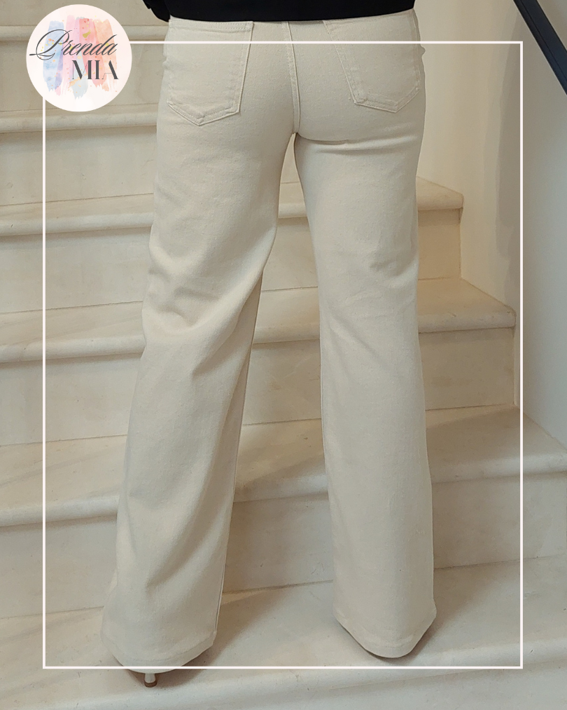 Pantalon jean beige taille haute