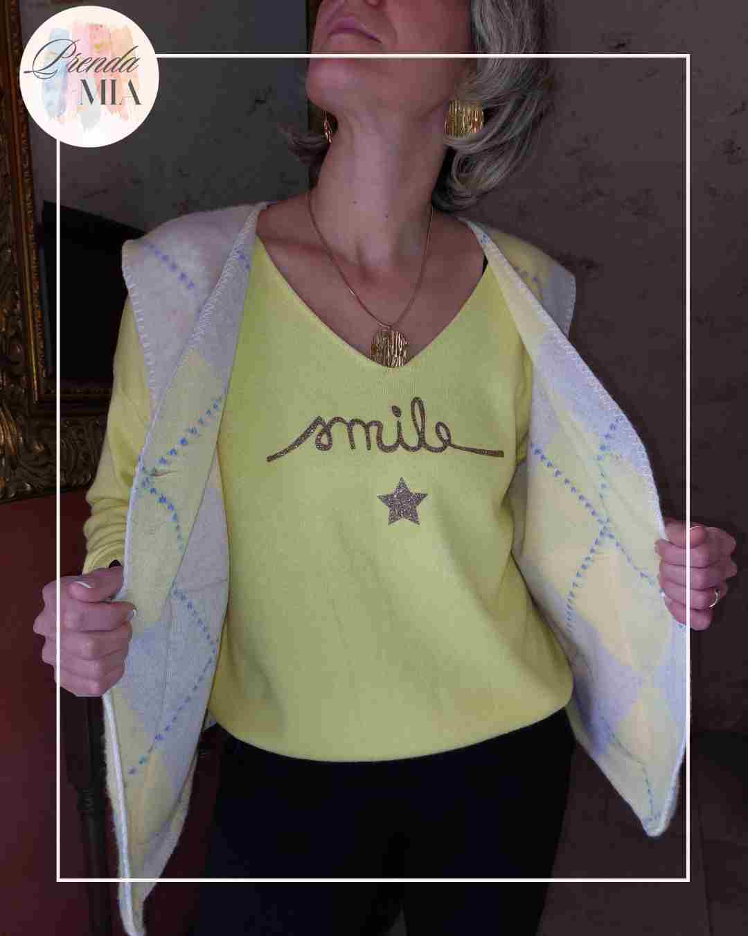 Gilet Jacquard Losanges  - Jaune & Beige