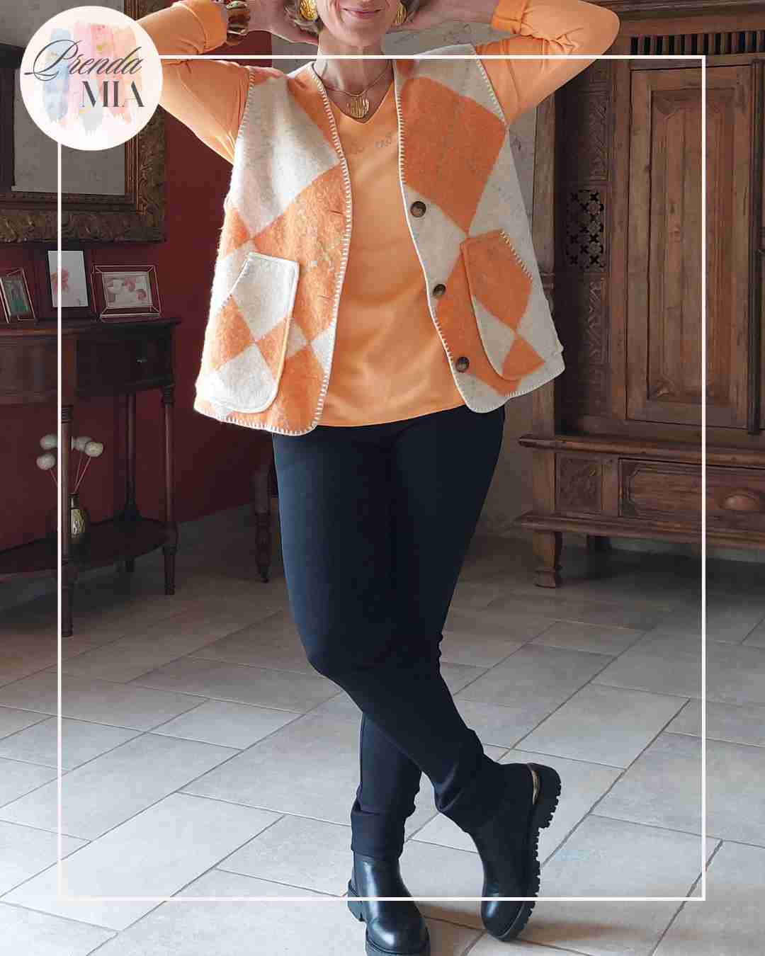 Gilet Jacquard Losanges - Orange & Beige