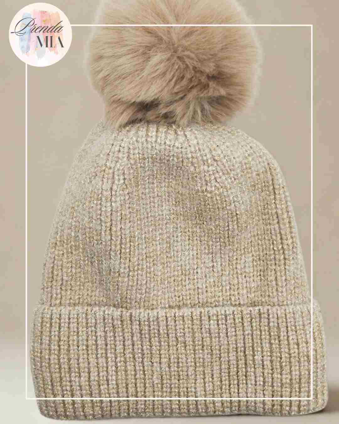 Bonnet Brillant avec Pompon- Beige