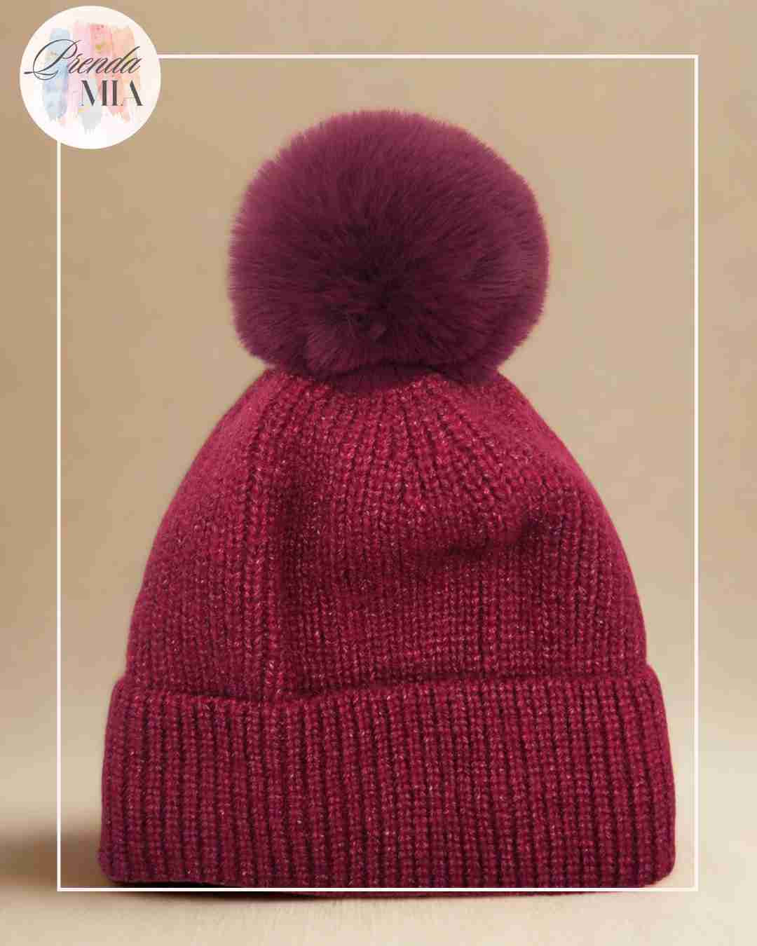 Bonnet Brillant avec Pompon - Bordeaux