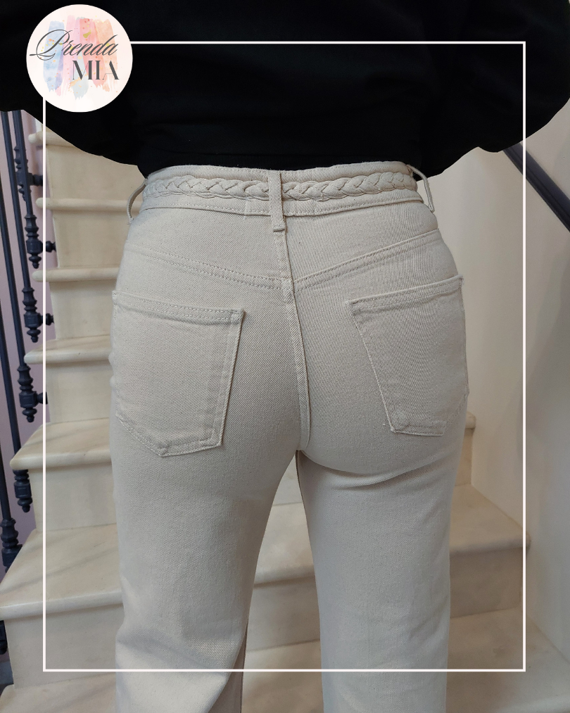 Pantalon jean beige taille haute