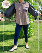 Chemise asymétrique imprimée grise et léopard