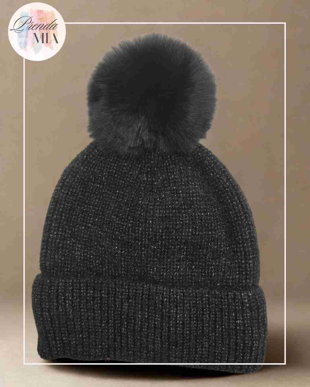 Bonnet Brillant avec Pompon- Noir