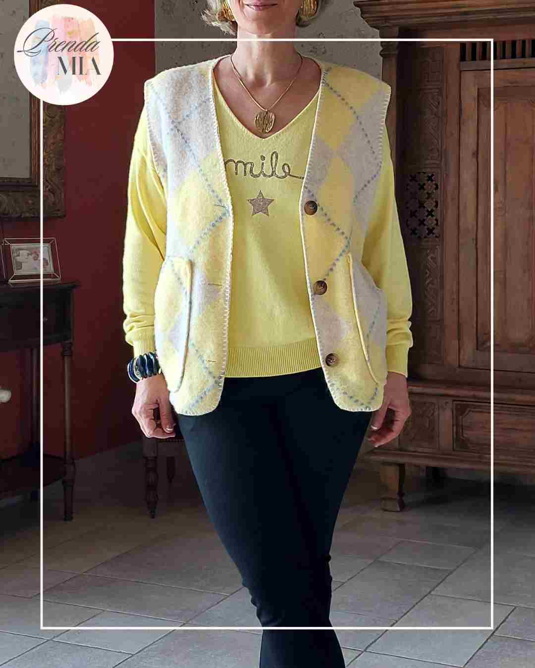 Gilet Jacquard Losanges  - Jaune & Beige