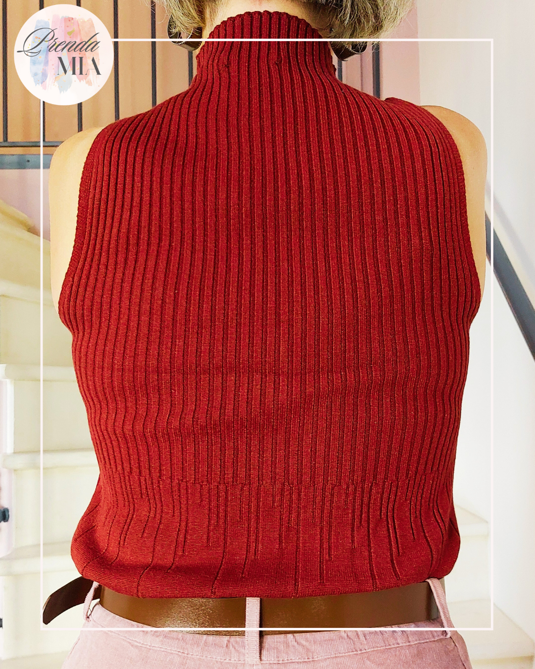 Top en maille col cheminé bordeaux