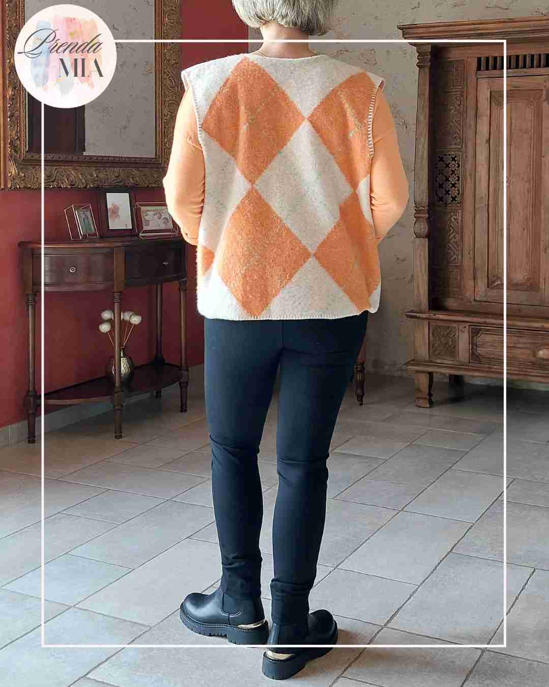 Gilet Jacquard Losanges - Orange & Beige