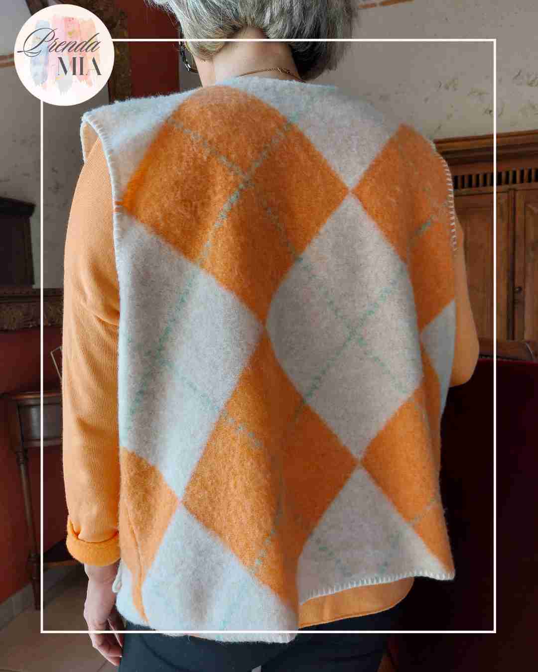 Gilet Jacquard Losanges - Orange & Beige