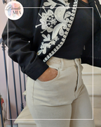 Pantalon jean beige taille haute